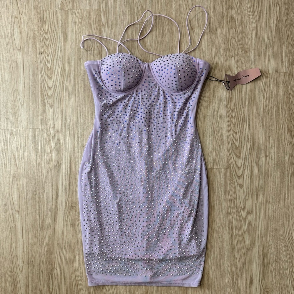 Hate monde lavender iridescent rhinestone mesh mini dress nwt - Picture 2 of 3